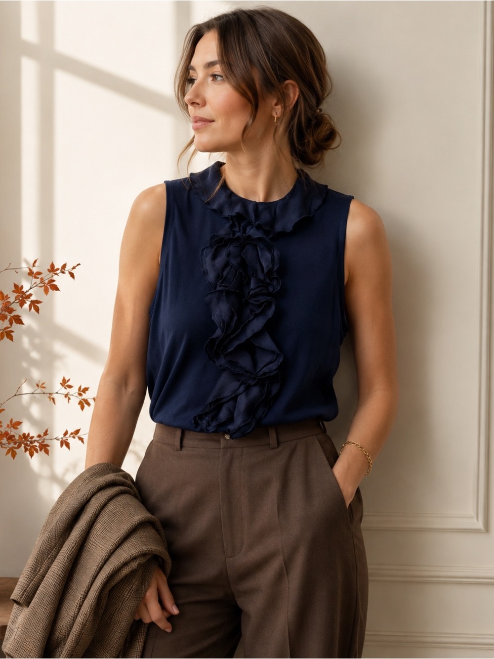 346 Brooks Brothers Navy Ruffle Neck Sleeveless Blouse Keyhole Medium